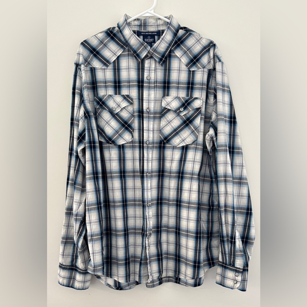 Old Navy Men's Size XL Button Down Long Sleeve Blue‎ White Western Pearl Snaps